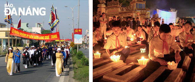 Lễ rước Khánh vị Tiền hiền làng Khuê Trung (ảnh trái), thắp nến tri ân nghĩa sĩ tại Lễ tế Nghĩa sĩ Đà Nẵng và Hội làng Khuê Trung năm 2006. Ảnh: V.T.L