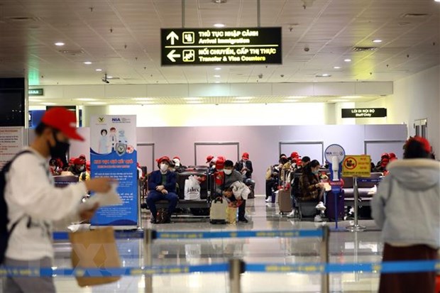 Hành khách từ Nhật Bản xuống sân bay Nội Bài sáng 1/1. (Ảnh: Huy Hùng/TTXVN)