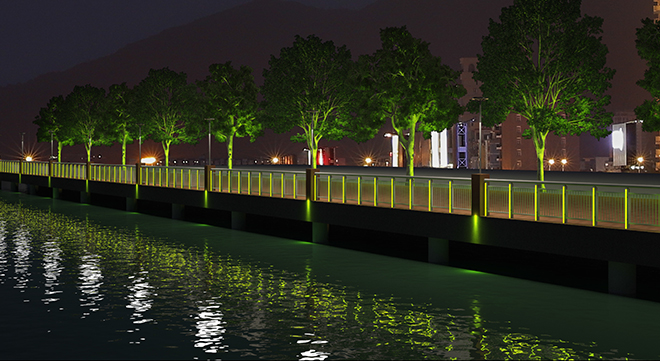 An artist's impression of artistic lighting architecture along the both banks of the Han River.
