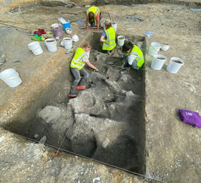 Các nhà khảo cổ khai quật xương voi ma mút. Ảnh: DigVentures/The Guardian