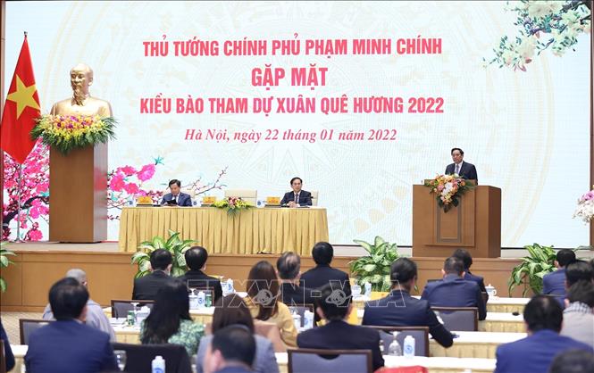 Thủ tướng Phạm Minh Chính phát biểu tại buổi gặp mặt kiều bào dự Xuân quê hương năm 2022. Ảnh: Dương Giang/TTXVN