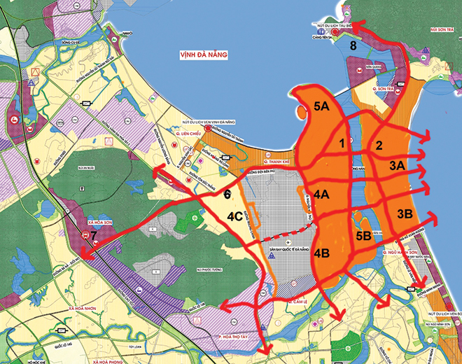 Long-term vision for Da Nang center: (1) Administrative center (Civic Center); (2) Central Business District ; (3A-B ) Central coastal area; (4A) Da Nang Airport aerotropolis; (5A) Central area of Da Nang Bay; (5B) the central zone to the South of the Han River (Source: Ngo Viet Nam Son)