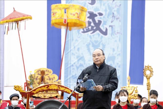 Chủ tịch nước Nguyễn Xuân Phúc phát biểu tại Lễ Tịch điền Đọi Sơn. 