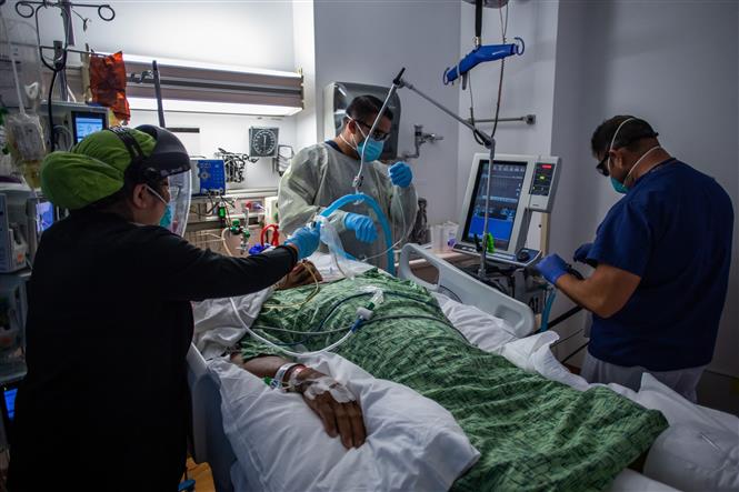 Nhân viên y tế điều trị cho bệnh nhân Covid-19 tại bệnh viện ở Tarzana, bang California, Mỹ. Ảnh: AFP/TTXVN