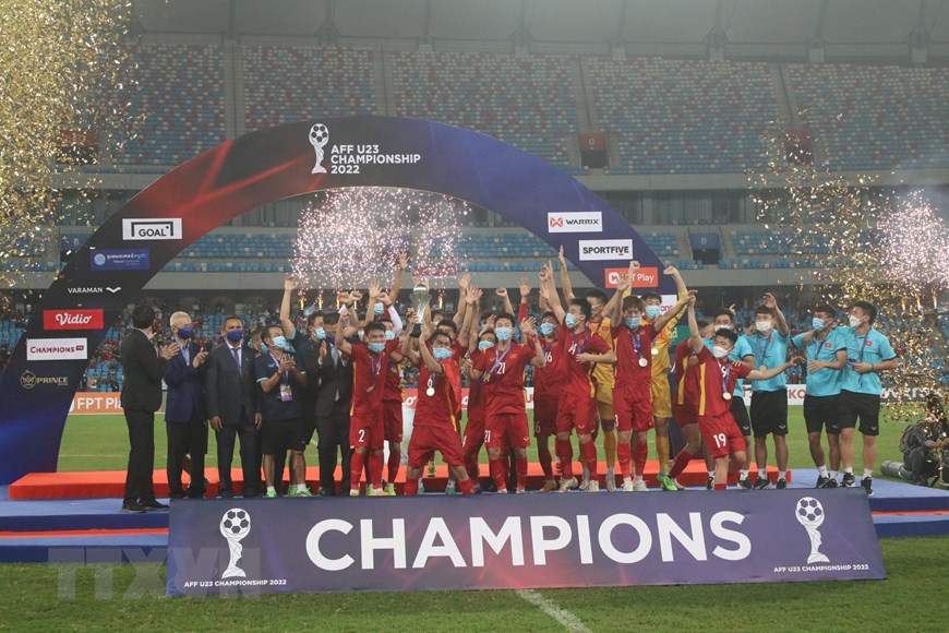 U23 Việt Nam đăng quang ngôi Vô địch giải Bóng đá U23 Đông Nam Á 2022 vào tối 26-2. Ảnh: TTXVN 