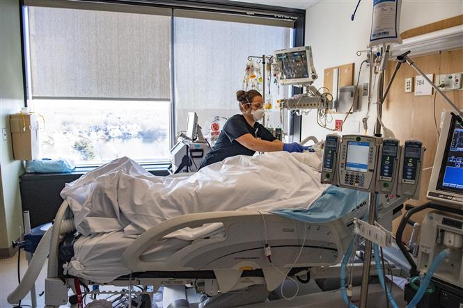 Nhân viên y tế chăm sóc bệnh nhân COVID-19 tại bệnh viện ở Worcester, bang Massachusetts, Mỹ ngày 4/1/2022. Ảnh: AFP/TTXVN
