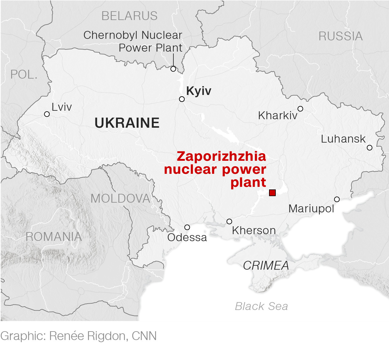 Vị trí nhà máy điện hạt nhân Zaporizhzhia ở Ukraine. Đồ họa: CNN