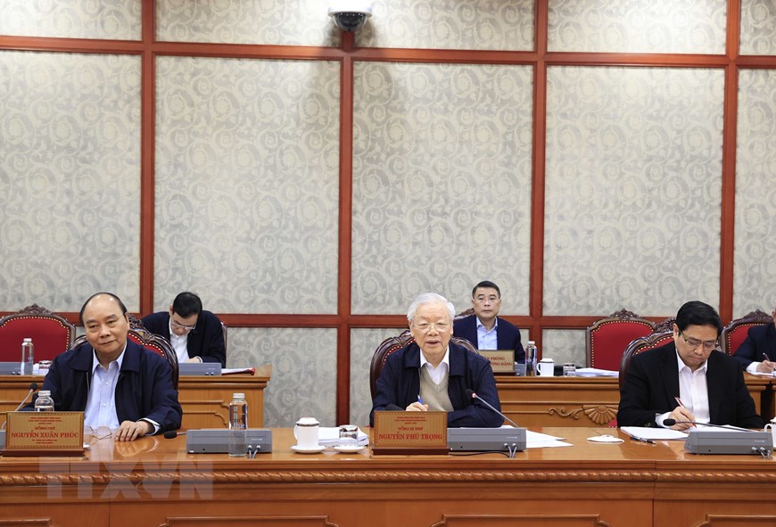 ​Tổng Bí thư Nguyễn Phú Trọng chủ trì họp Bộ Chính trị để cho ý kiến về các nội dung quan trọng. (Ảnh: Thống Nhất/TTXVN)