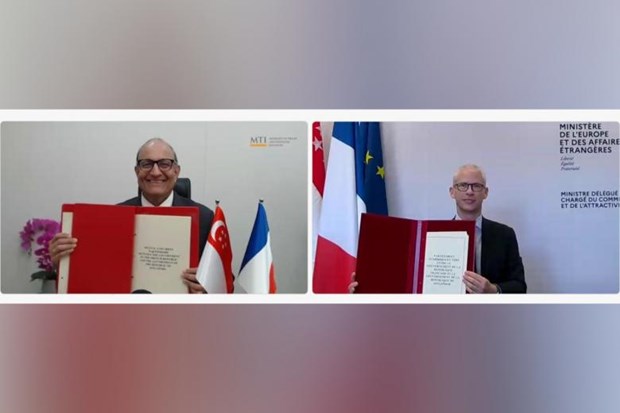 The partnership was signed at a virtual ceremony by Singapore’s Minister-in-charge of Trade Relations S. Iswaran and French Trade Minister Franck Riester. (Photo: S. Iswaran/facebook)