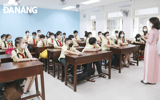 Học sinh học trực tiếp tại Trường THCS Trưng Vương. (Ảnh chụp ngày 14-2-2022)Ảnh: NGỌC HÀ