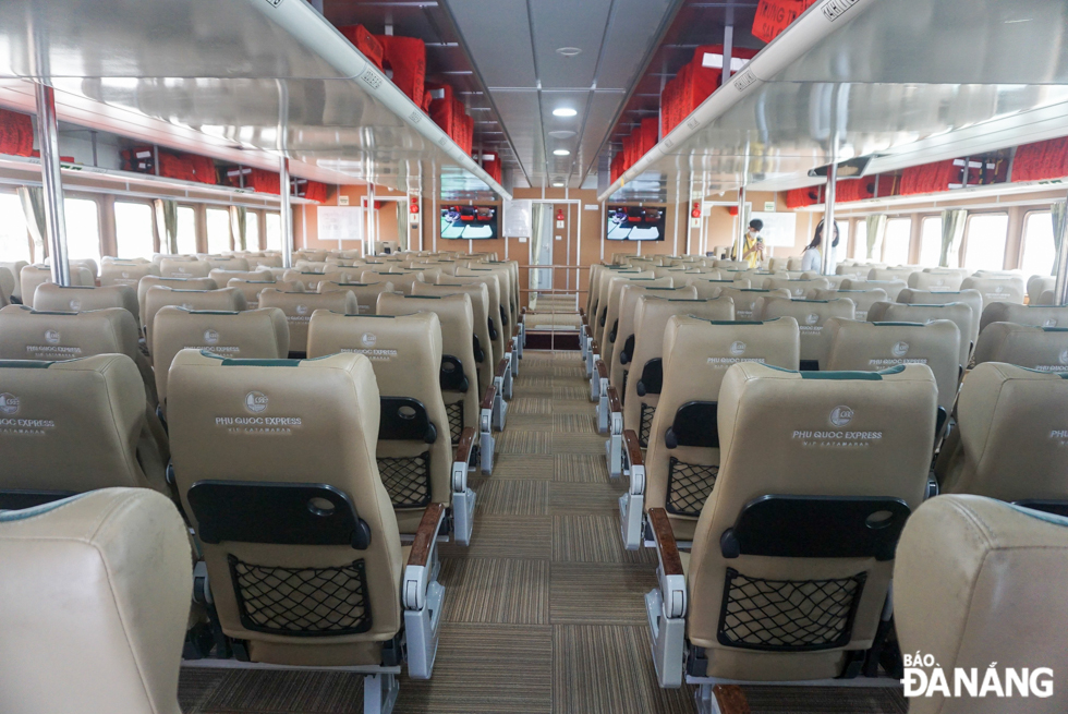 The ship features separate luggage compartments,  entertainment screens, cushion seats, etc.