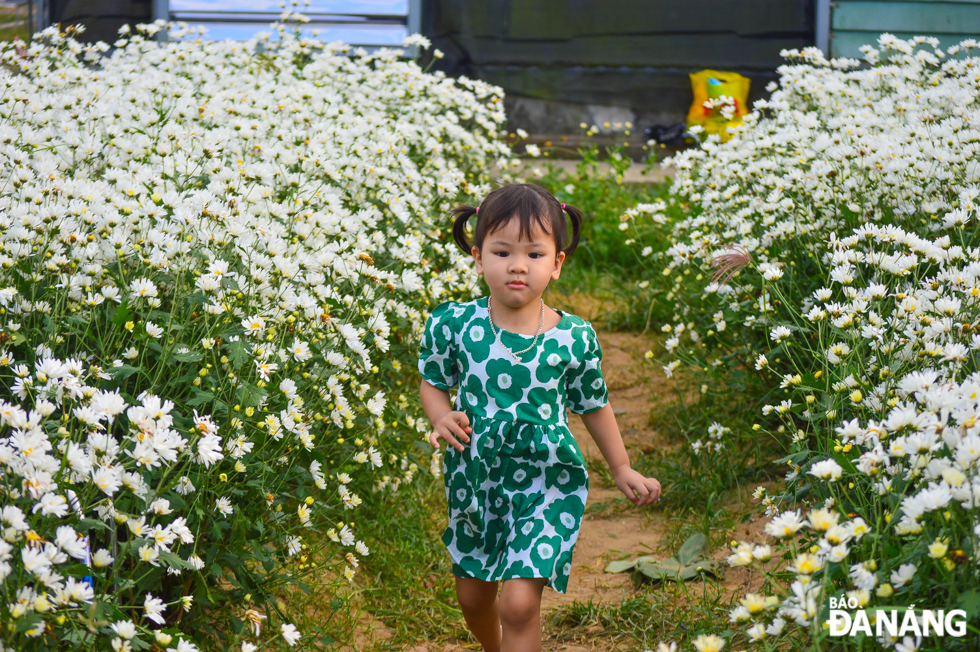  Young children enjoy walking in the flower garden.