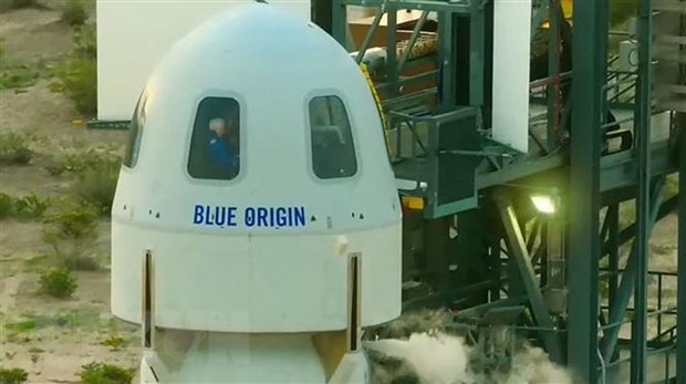 Tàu vũ trụ New Shepard của công ty Blue Origin tại Van Horn, Texas, Mỹ, ngày 20/7/2021. (Ảnh: AFP/TTXVN)