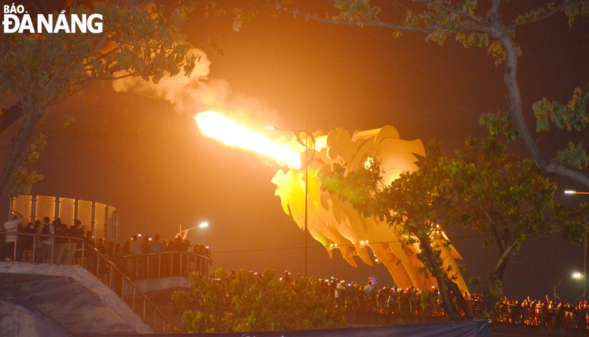 Thousands of people stood at the foot of the Dragon Bridge to watch the  shows of fire breathing and water squirting. Photo: THU HA