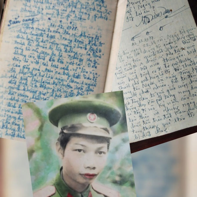 Tấm ảnh ông Nguyễn Văn Hậu và những trang nhật ký chiến trường biên giới Tây Nam được ông giữ lại đến ngày nay. (Ảnh do nhân vật cung cấp)	