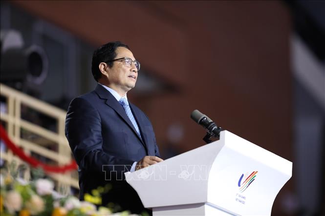 Thủ tướng Phạm Minh Chính phát biểu tại lễ bế mạc Đại hội thể thao Đông Nam Á lần thứ 31. Ảnh: Dương Giang/TTXVN