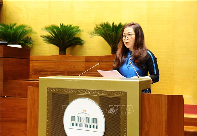 Phó Chủ nhiệm Ủy ban Tài chính, Ngân sách của Quốc hội Vũ Thị Lưu Mai trình bày Báo cáo thẩm tra dự thảo Nghị quyết về thí điểm một số cơ chế, chính sách đặc thù phát triển tỉnh Khánh Hòa. Ảnh: Minh Đức/TTXVN