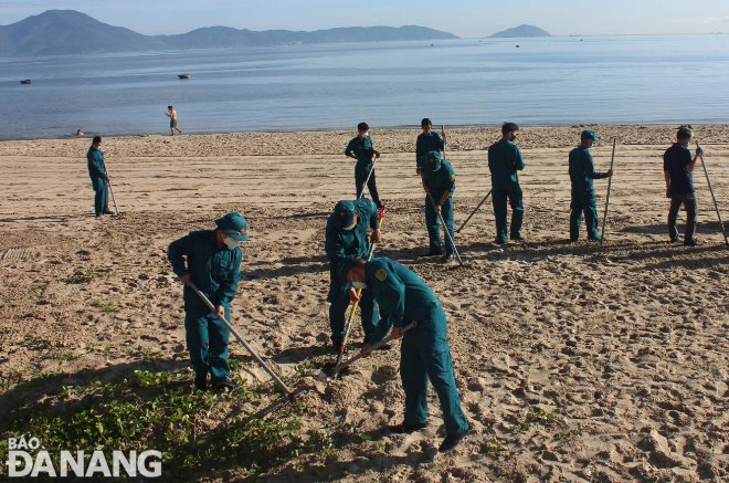 . The forces participating in the cleanups of the environment at the beach in Thanh Khe District