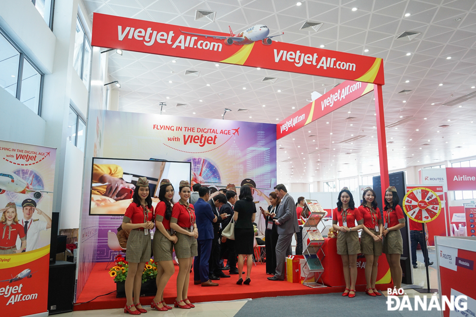 Vietjet Air's pavilion stands out with its distinctive red color.