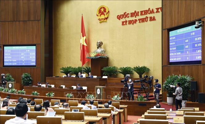Quốc hội biểu quyết thông qua Nghị quyết về Chương trình giám sát của Quốc hội năm 2023. Ảnh: Doãn Tấn/TTXVN