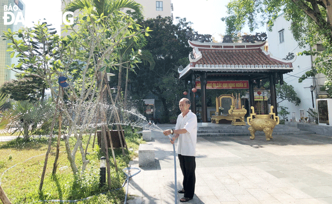 Hằng ngày, ông Nguyễn Phi quét dọn, chăm sóc cây cảnh trong khuôn viên Di tích Nghĩa trủng Phước Ninh. Ảnh: H.N
