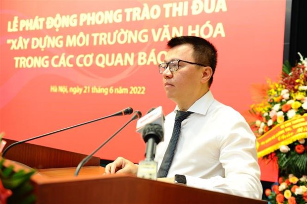 Tổng Biên tập Báo Nhân Dân, Chủ tịch Hội Nhà báo Việt Nam Lê Quốc Minh phát biểu tại lễ phát động. (Ảnh: Minh Đức/TTXVN)