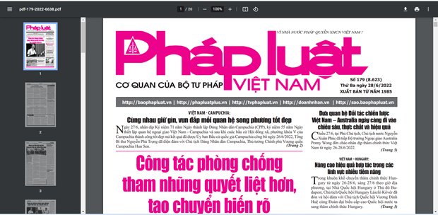 Bản PDF của Báo Pháp luật Việt Nam, cơ quan ngôn luận của Bộ Tư pháp. (Ảnh chụp màn hình)