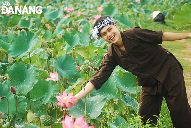 Taking photos with beautiful lotus branches. Photo: NHU HANH