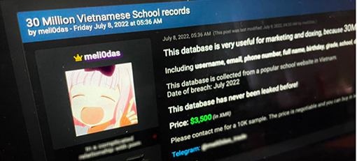 Hacker rao bán dữ liệu trường học của 30 triệu người Việt. Ảnh: Chụp màn hình.