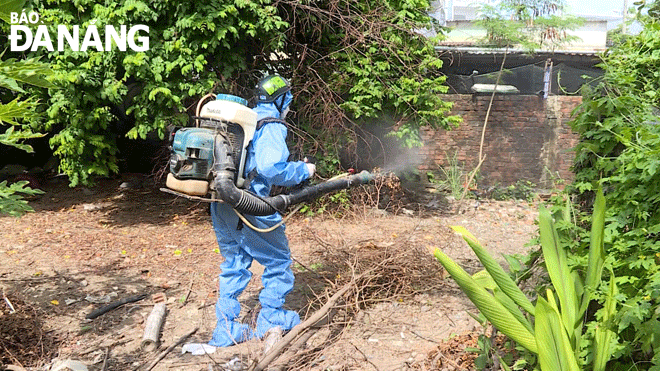 A medical worker spraying chemicals to kill adult mosquitoes in order to combat dengue infections in Hoa Vang District. Photo: Ngoc Quoc