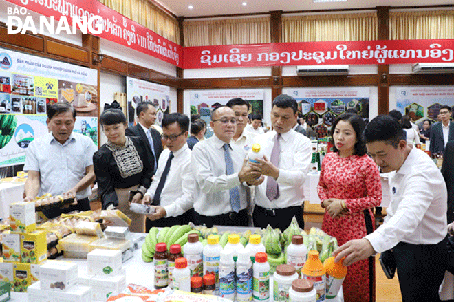 Over the past years, Da Nang has strengthened cooperation with south central provinces of Laos in many fields. IN THE PHOTO: Municipal People’s Committee Vice Chairman Ho Ky Minh (third, right) visiting product display booths of Da Nang businesses at the conference on promoting business and trade connection in Champasak Province . Photo: NGOC PHU