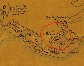 Vị trí Hôpital Français (Bệnh viện Pháp) trên bản đồ các khu vực chức năng của liên quân Pháp - Tây Ban tại bán đảo Sơn Trà trong thời gian xâm lược Đà Nẵng (1858-1860). (Nguồn: Trung tâm Lưu trữ quốc gia IV, thành phố Đà Lạt, tỉnh Lâm Đồng)	