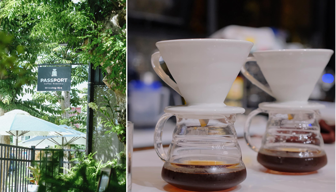 Khung cảnh thiên nhiên của Passport Coffee Roastery vàlLy cà phê Robusta sẻ Gia Lai bắt mắt, thơm lừng.