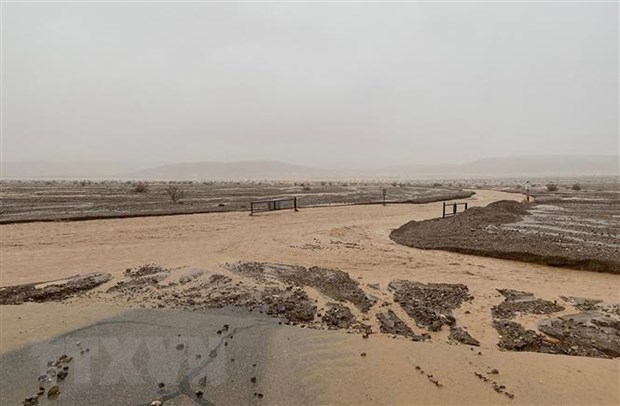 Nước lũ dâng cao do mưa lớn tại Công viên quốc gia Death Valley ở bang California (Mỹ). (Ảnh: AFP/TTXVN)