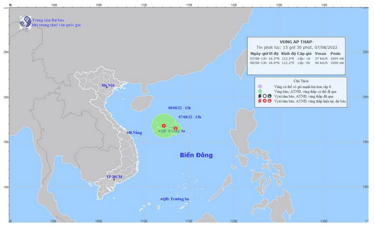 Vị trí và đường đi của áp thấp nhiệt đới gần quần đảo Trường Sa, tỉnh Khánh Hòa. (Nguồn: Trung tâm Dự báo Khí tượng Thủy văn Trung ương)