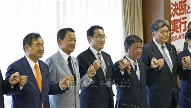 Thủ tướng Nhật Bản Fumio Kishida (thứ 3 từ trái sang) chụp ảnh cùng ban lãnh đạo Đảng Dân chủ Tự do tại Tokyo, ngày 10-8-2022. Ảnh: Kyodo/TTXVN