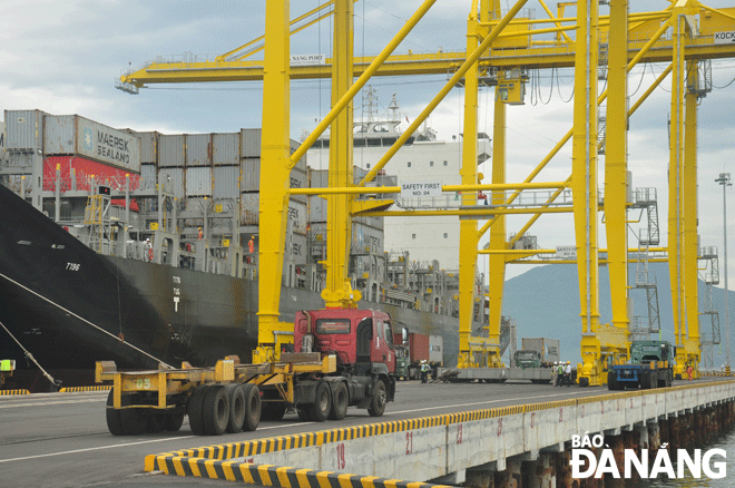 In the photo is a view of loading and unloading activities at the Tien Sa Port. Photo: PHUONG UYEN