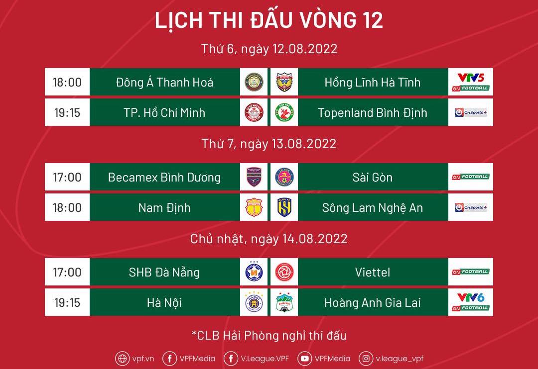 Lịch thi đấu vòng 12 V-League 2022.