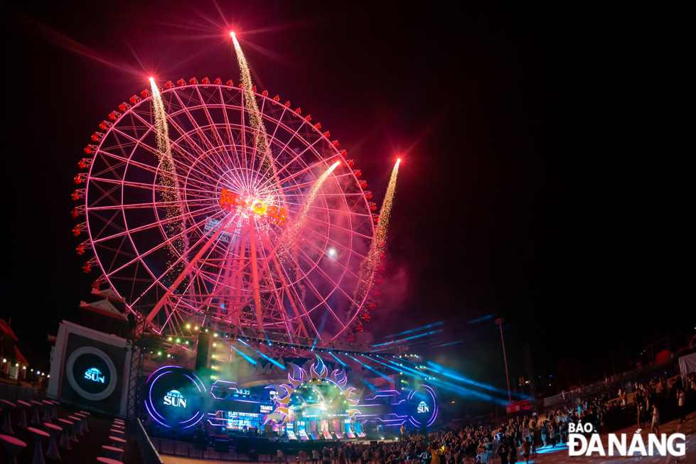 Low-altitude fireworks displays light up the music space at the Asia Park.