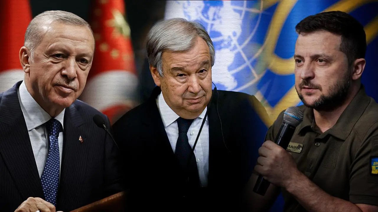 (Từ trái qua) Tổng thống Thổ Nhĩ Kỳ Recep Tayyip Erdogan, Tổng Thư ký Liên Hợp Quốc Antonio Guterres và Tổng thống Ukraine Volodymyr Zelensky gặp mặt và thảo luận trực tiếp tại Lviv vào ngày 18-8. Ảnh: Kibrishaberajans