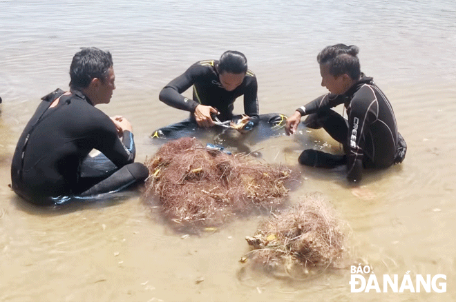 Members of the Sasa Marine Life Rescue Centre collect ‘ghost nets’ from coral reefs in the waters off the Son Tra Peninsula to bring ashore. Photo: HOANG HIEP