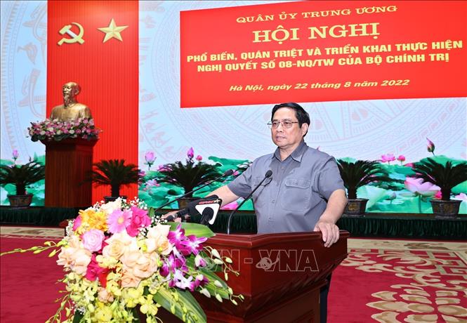 Thủ tướng Phạm Minh Chính phát biểu chỉ đạo Hội nghị quán triệt và triển khai thực hiện Nghị quyết 08-NQ/TW. Ảnh: Dương Giang/TTXVN