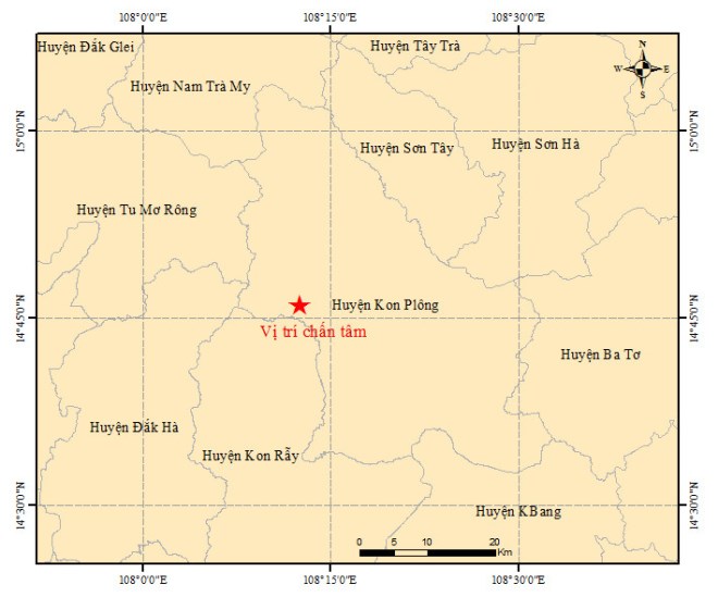 Họa đồ trận động đất xảy ra tại huyện Kon Plông, tỉnh Kon Tum làm nhiều người Đà Nẵng có cảm giác sàn nhà bị rung lắc nhẹ. (Nguồn: Viện Vật lý địa cầu)
