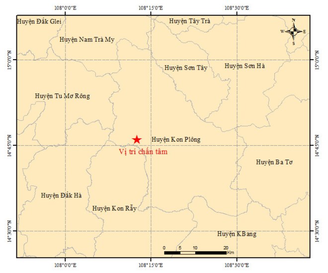 The map shows the location of the epicenter (red star) of the first earthquake in Kon Plong District, Kon Tum Province, Viet Nam’s Central Highlands at 8:34 pm on April 15, 2022. Photo: The Institute of Geophysics