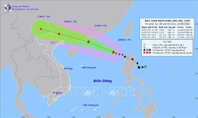 Bản đồ đường đi của Bão số 3 trên biển Đông (sáng 24-8). Ảnh: TTXVN phát