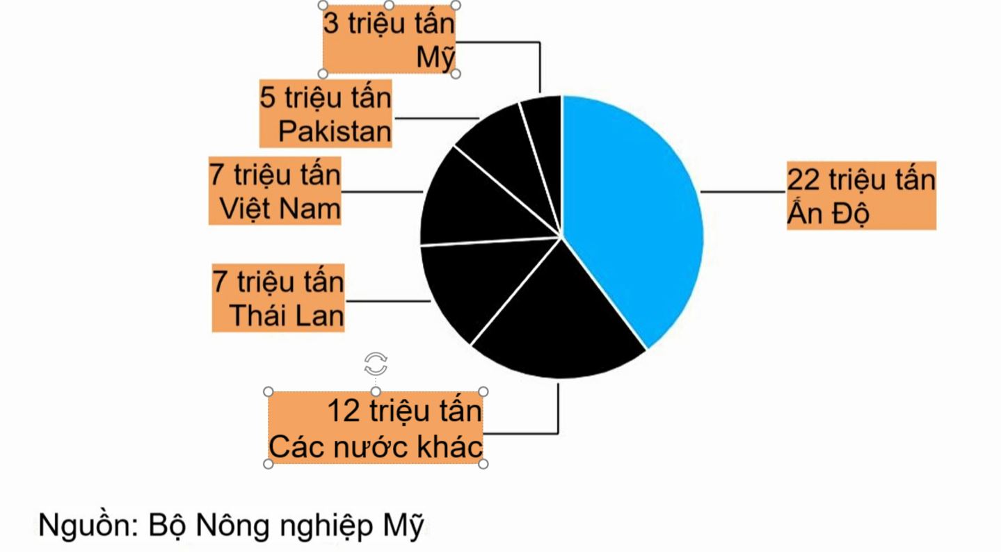 Thị phần xuất khẩu gạo của các quốc gia giai đoạn 2021 - 2022. Nguồn: Bloomberg