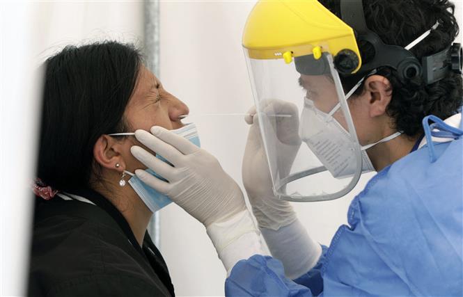 Nhân viên y tế lấy mẫu xét nghiệm COVID-19 cho người dân tại Quito, Ecuador. Ảnh: AFP/TTXVN
