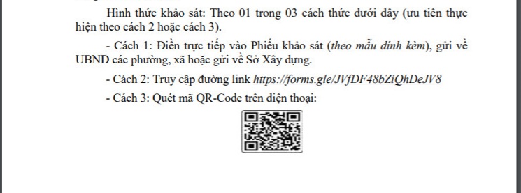 Sở Xây dựng hướng dẫn 3 cách mời hộ gia đình tham gia khảo sát nhu cầu về nhà ở hiện nay. Trong đó, 1 trong 3 cách là sử dụng điện thoại quét mã code tải phiếu khảo sát và thực hiện theo hướng dẫn.hực hiện