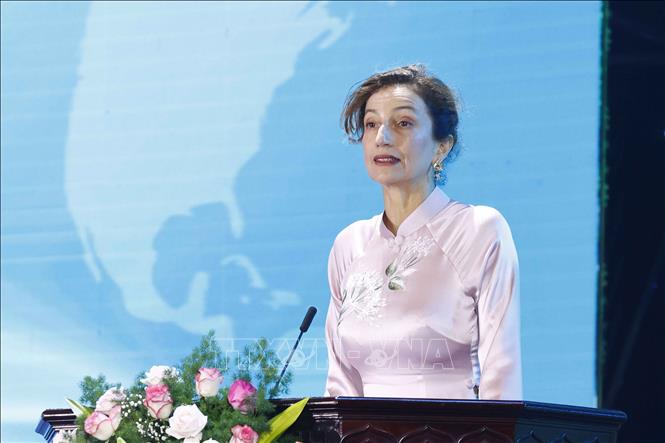 Tổng Giám đốc Tổ chức Giáo dục, Khoa học và Văn hóa Liên hợp quốc (UNESCO) Audrey Azoulay phát biểu. Ảnh: Doãn Tấn/TTXVN