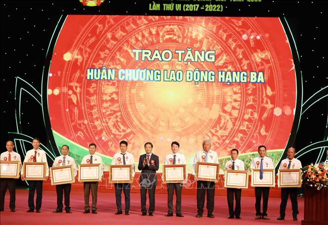 Trưởng Ban Kinh tế Trung ương Trần Tuấn Anh trao Huân chương Lao động hạng Ba của Chủ tịch nước tặng 10 nông dân có thành tích xuất sắc trong giai đoạn 2017 - 2022. Ảnh: TTXVN